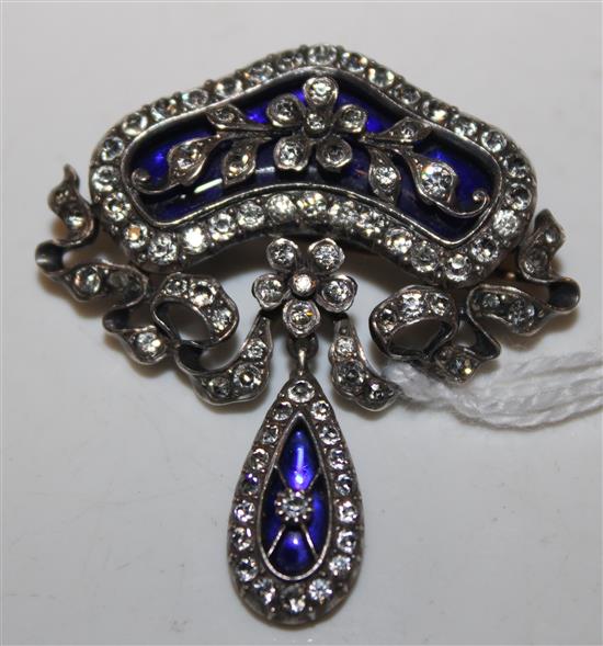 Silver, paste-set & blue enamel openwork floral brooch